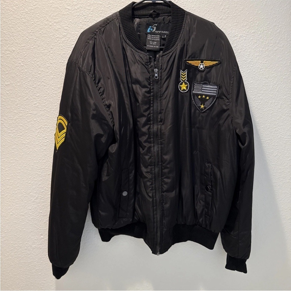 i5 apparel Bomber  black jacket with military patches size large